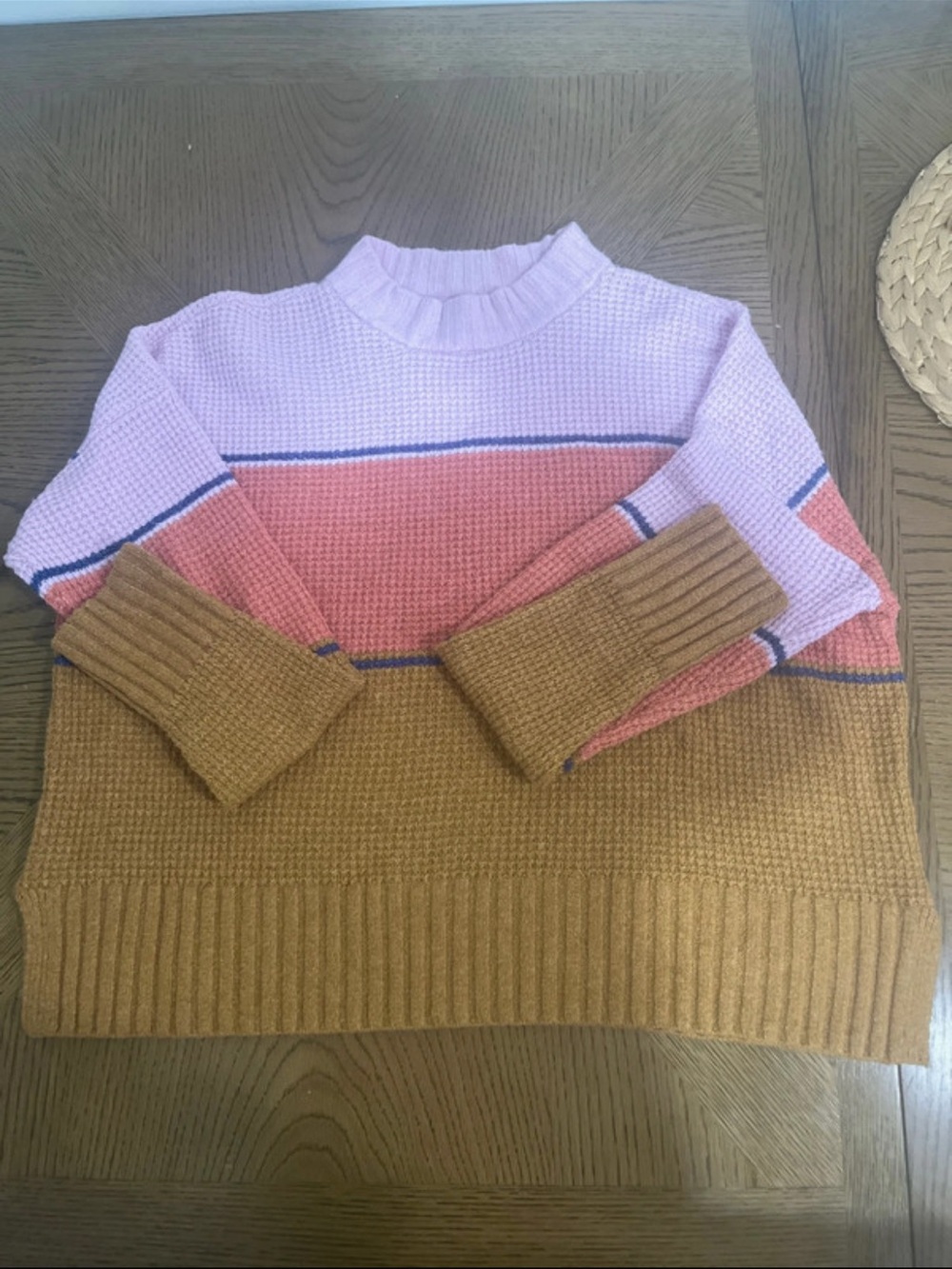 Womens Colorblock wool Mock Neck Sweater - Pink, Coral & Tan
